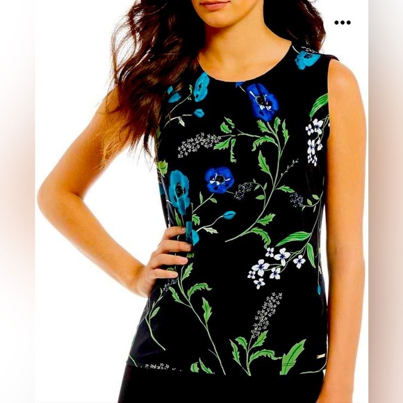 Calvin Klein Janice Pleated Neck Knit Top Size L Sleeveless Black Floral Career - Picture 1 of 13